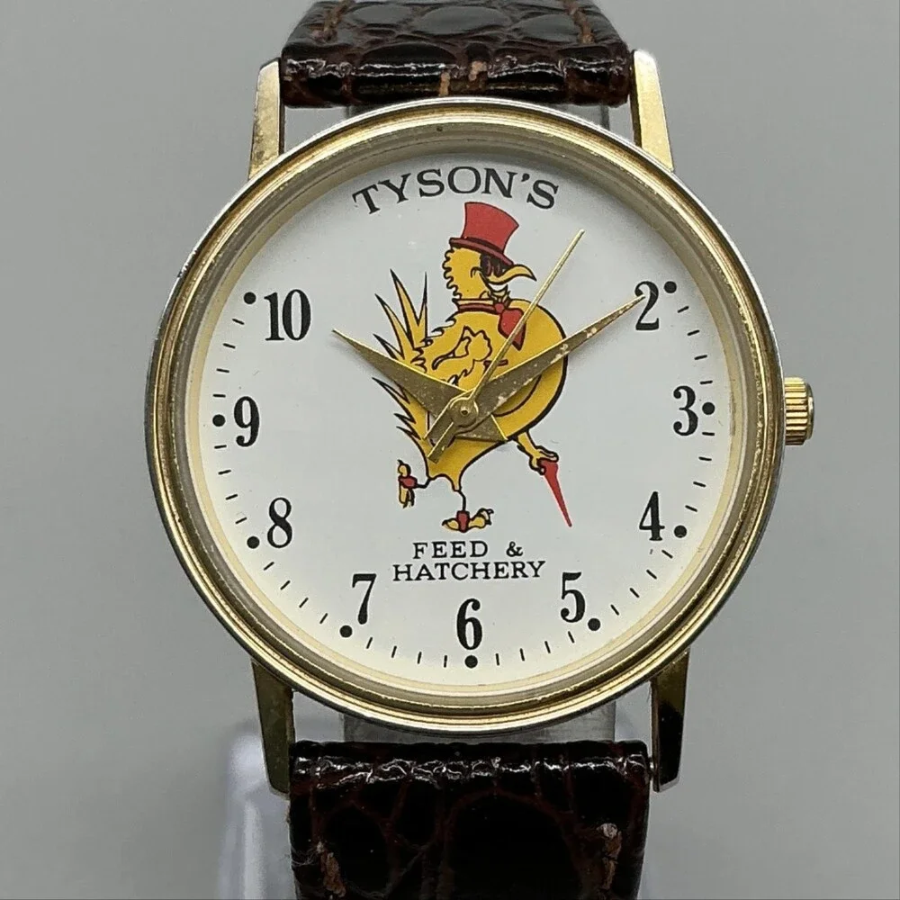 Vtg Tyson's Feed & Hatchery Mens Watch 32mm Gold Tone Logo Leather New Battery